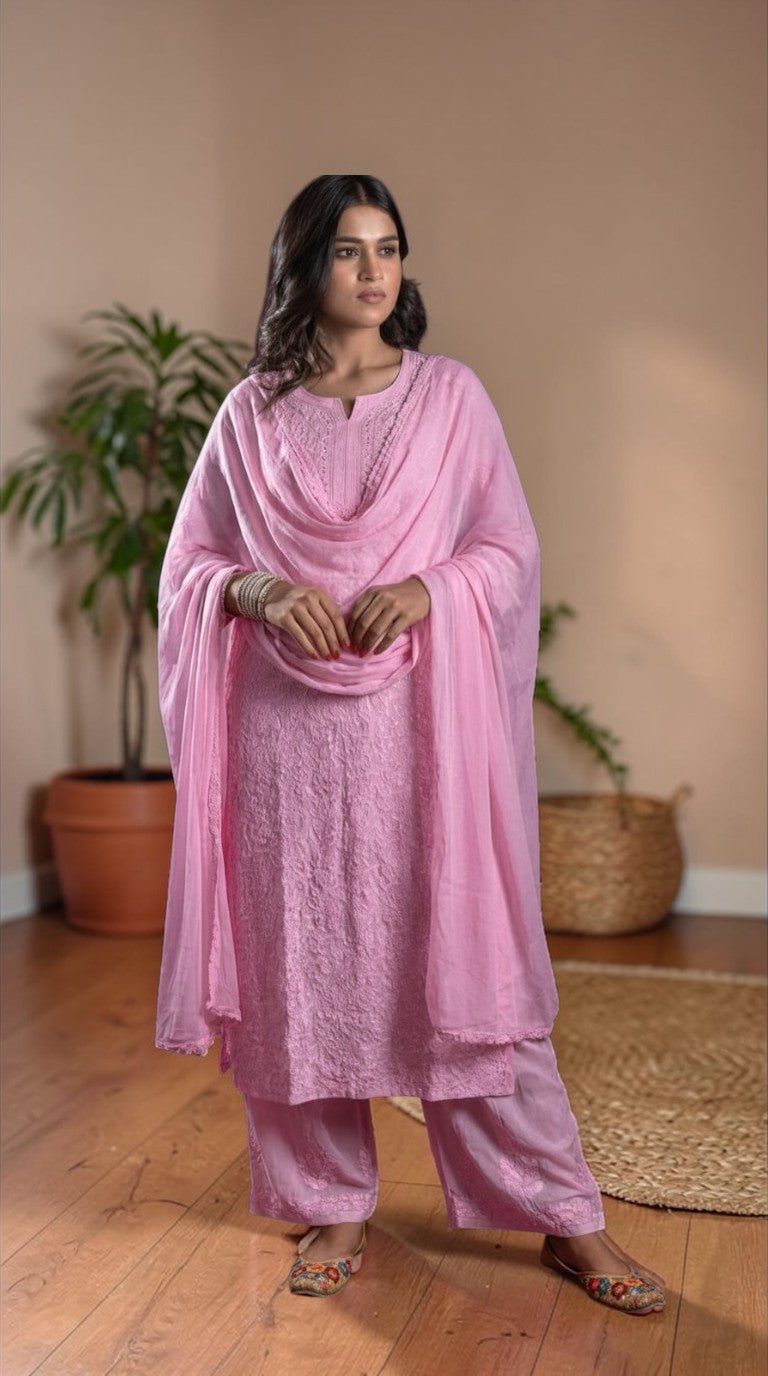 Ishq Georgette 4PC Chikankari Kurta Set in Resham Jaal work - Pink Gharana