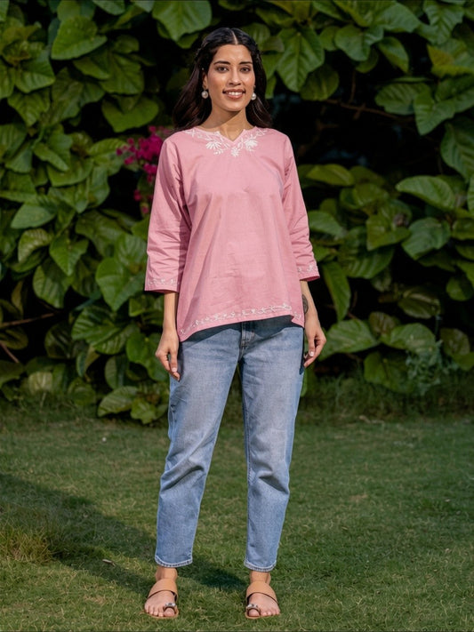 Sahiba Pure Cotton Pink Chikankari Short Top Gharana