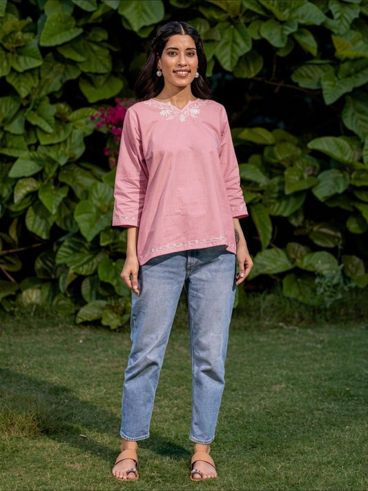 Sahiba Pure Cotton Pink Chikankari Short Top Gharana