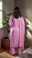 Ishq Georgette 4PC Chikankari Kurta Set in Resham Jaal work - Pink Gharana