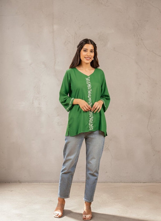 Sahiba Luxury Rayon Green Chikankari Top Gharana
