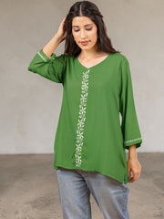 Sahiba Luxury Rayon Green Chikankari Top Gharana