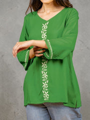 Sahiba Luxury Rayon Green Chikankari Top Gharana