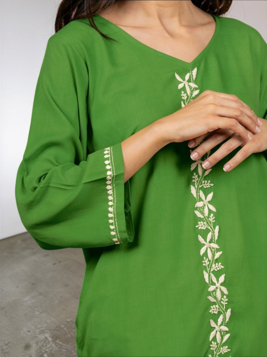 Sahiba Luxury Rayon Green Chikankari Top Gharana