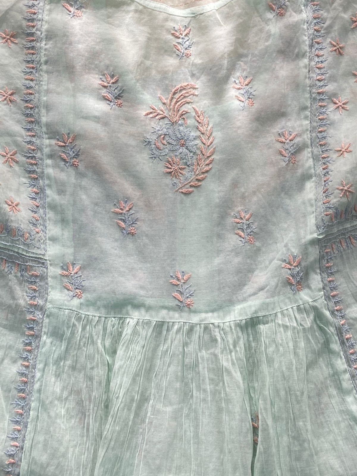 Premium Mul chanderi Chikankari Semi Stitched 2 piece Tunic and Dupatta set – Light Sage Gharana