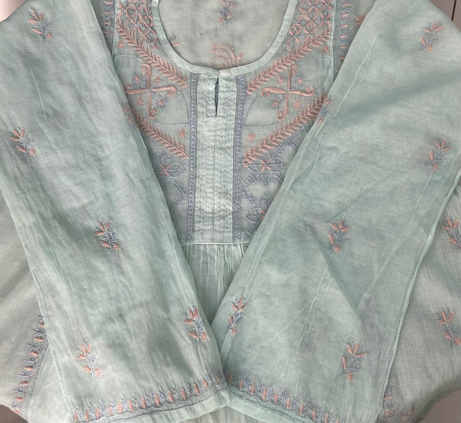 Premium Mul chanderi Chikankari Semi Stitched 2 piece Tunic and Dupatta set – Light Sage Gharana