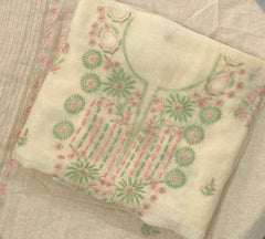 Premium Mul Chanderi 2 piece Chikankari Unstitched 2 piece Kurta and Dupatta set – Light Yellow
