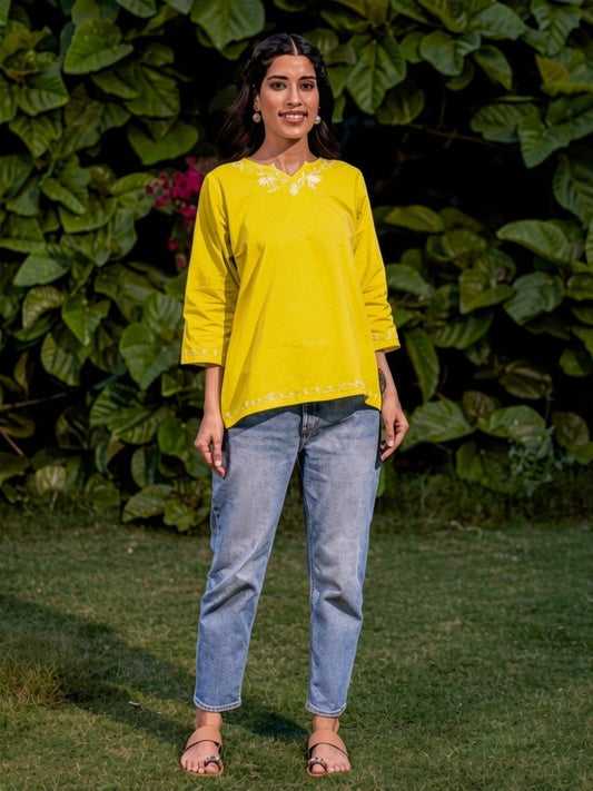 Sahiba Pure Cotton Yellow Chikankari Short Top Gharana