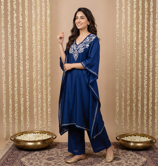 Premium Chanderi Silk Midnight Blue Chikankari Kaftan Set with Kamdani Work