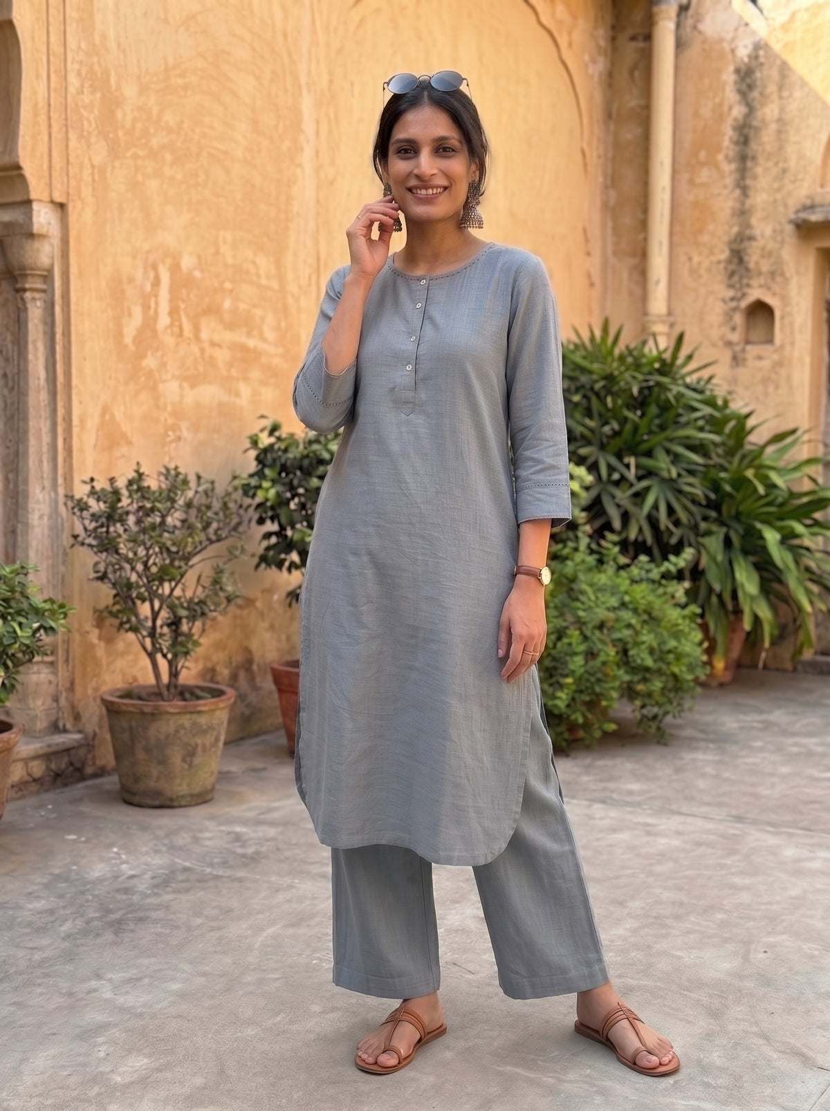 Aira Slate Grey Co-ord Set with Wine Hand Stitch