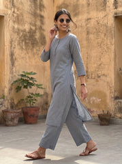Aira Slate Grey Co-ord Set with Wine Hand Stitch