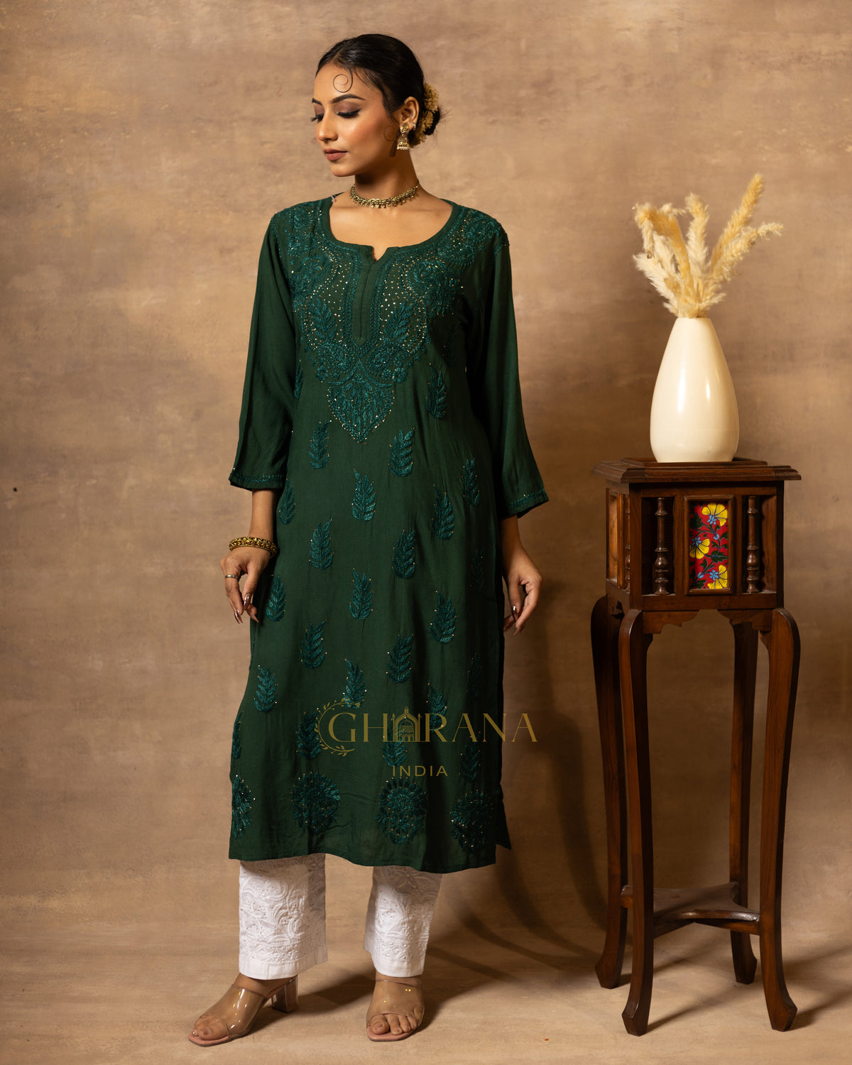 Rayon Green Chikankari Kurta with Mukaish work