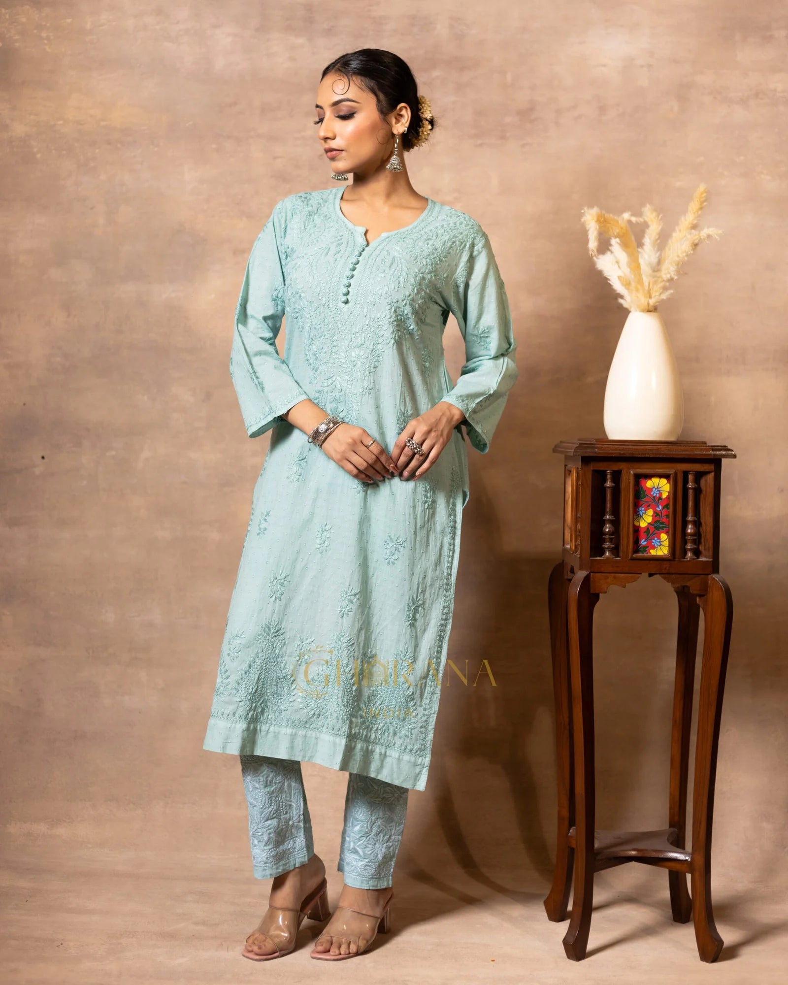 Dobby cotton Chikankari 2 piece suit set with fine hand embroidery-Pastel Green Gharana