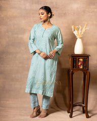 Dobby cotton Chikankari 2 piece suit set with fine hand embroidery-Pastel Green Gharana