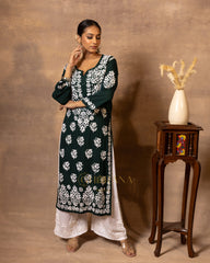 Myra Modal fine cotton Chikankari Kurta - Dark Green