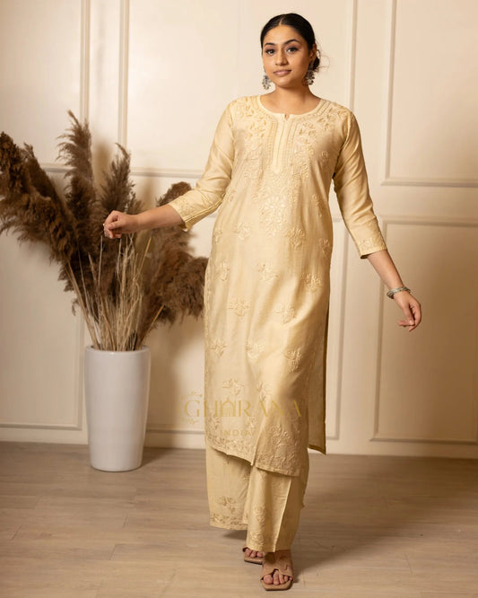 Ruhi Chanderi Chikankari Beige Kurta Set with Embroidered Palazzo Gharana