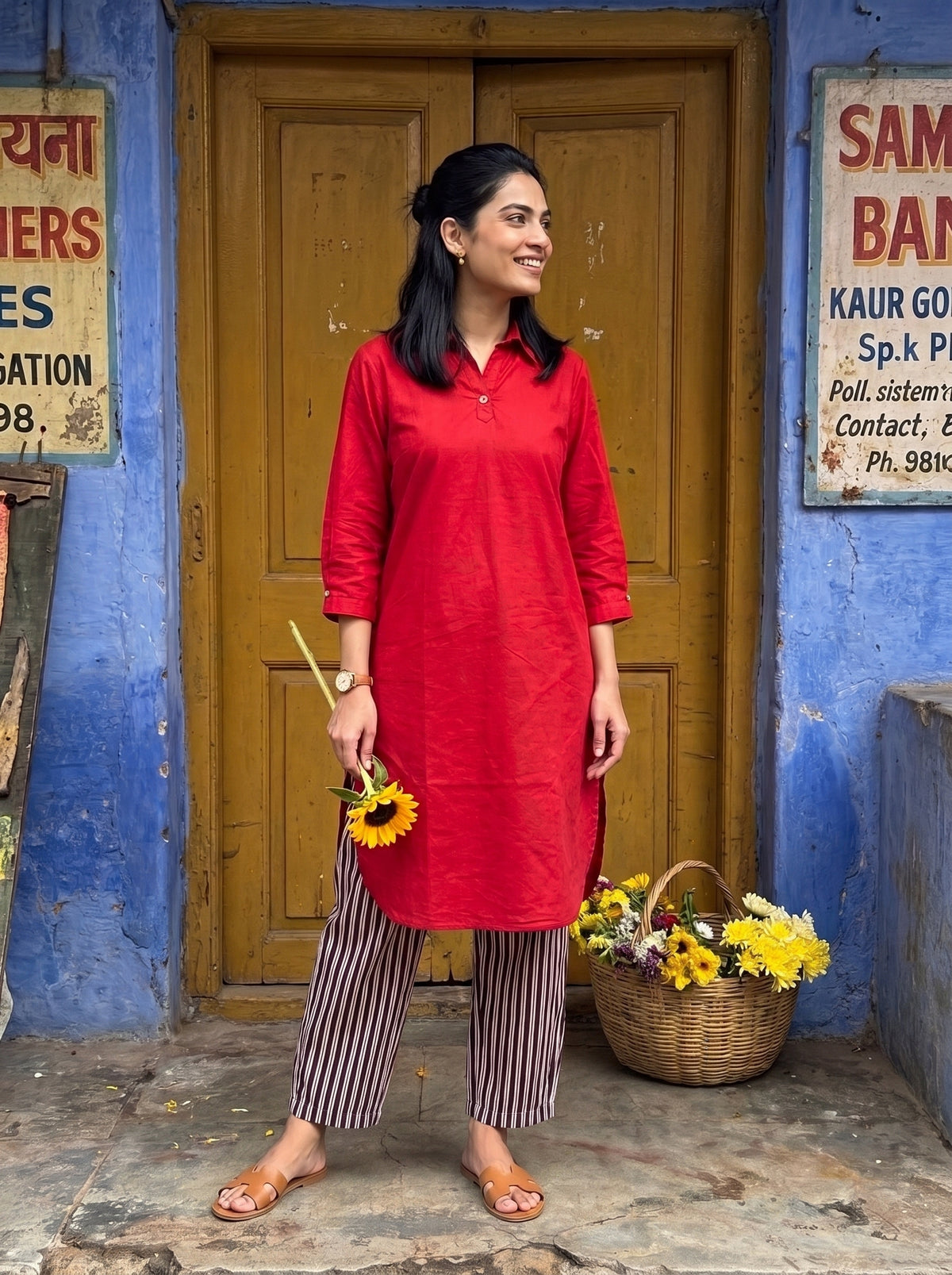 Aira Cherry Red Cotton Poplin Co-ord Set with Contrast Striped Trousers