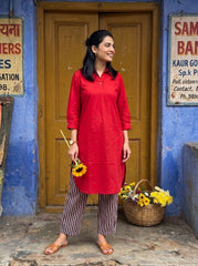 Aira Cherry Red Cotton Poplin Co-ord Set with Contrast Striped Trousers