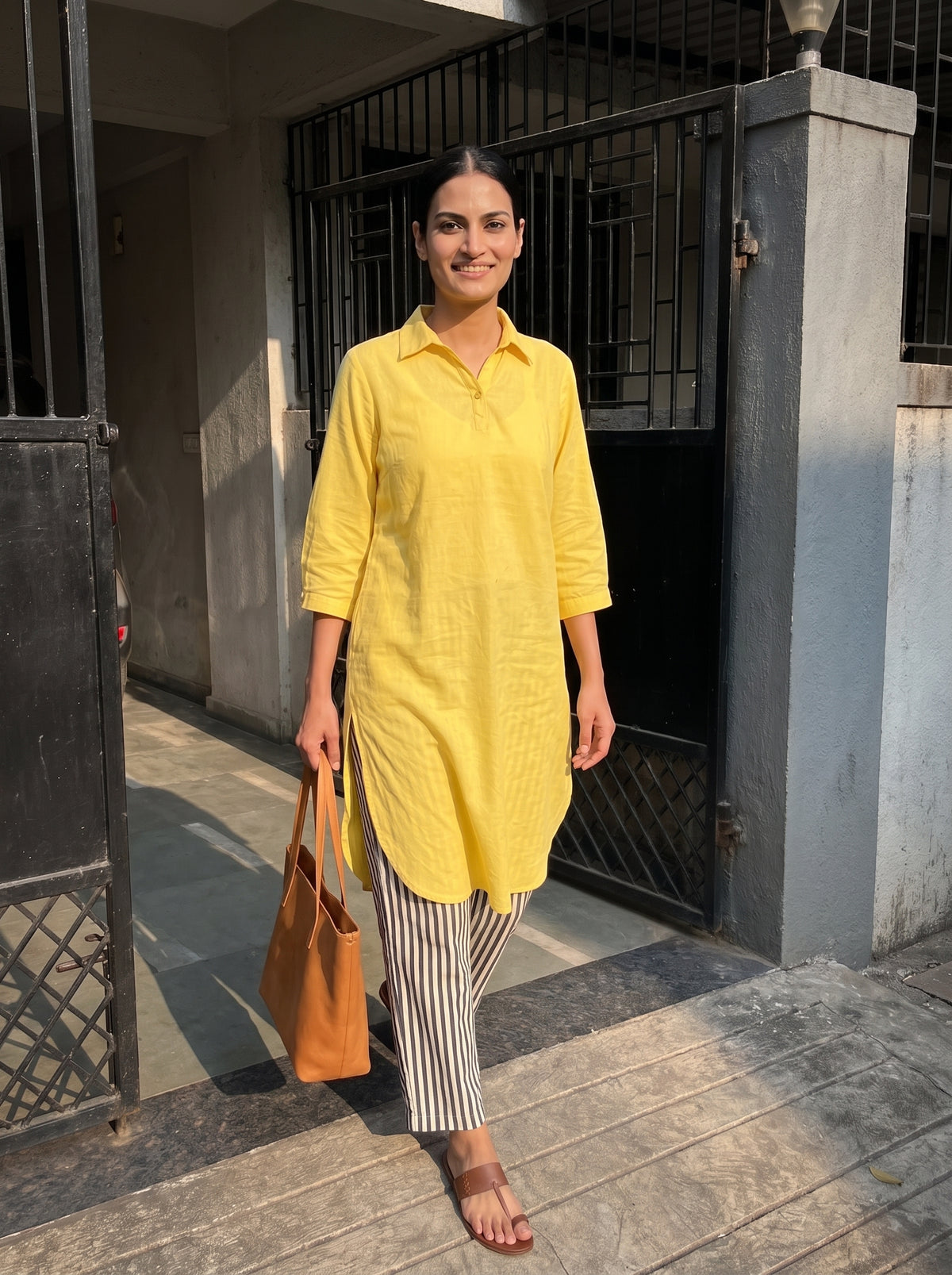 Aira Sunshine Yellow Cotton Poplin Kurta Set with Striped Pants