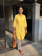 Aira Sunshine Yellow Cotton Poplin Kurta Set with Striped Pants