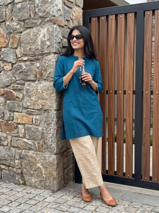 Aira Cobalt Blue Cotton Slub Co-ord Set with Contrasting Checked Salwar