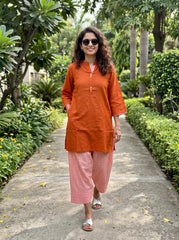 Aira Burnt Orange Cotton Slub Co-ord Set with Blush Check Trousers