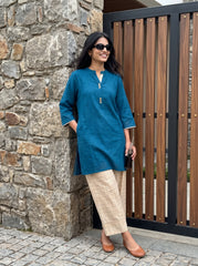Aira Cobalt Blue Cotton Slub Kurta Set with Gold Checked Salwar