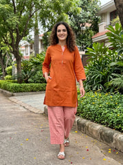 Aira Burnt Orange Cotton Slub Co-ord Set with Blush Check Trousers