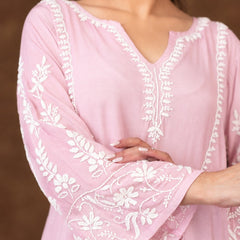 Jashn Premium Muslin Chikankari Light Pink A Line 3PC Kurta Set with Dupatta