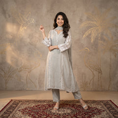 Jashn Premium Muslin Chikankari Moss Grey A Line 3PC Kurta Set with Dupatta