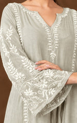 Jashn Premium Muslin Chikankari Moss Grey A Line 3PC Kurta Set with Dupatta