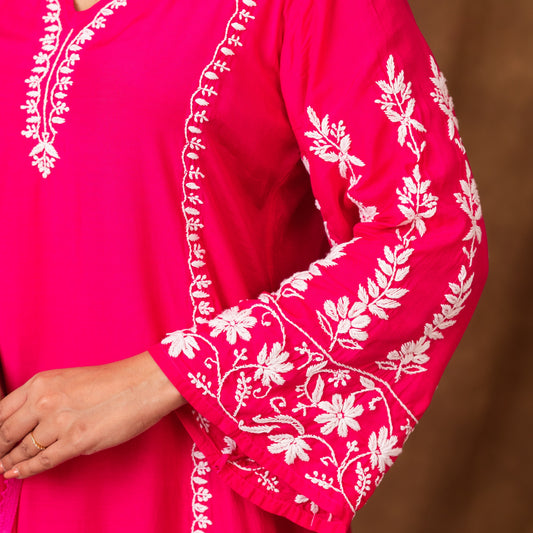Jashn Premium Muslin Chikankari Fuchsia A Line 3PC Kurta Set with Dupatta