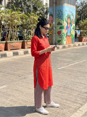 Aira Cherry Red Cotton Poplin Kurta Set with Contrast Striped Trousers