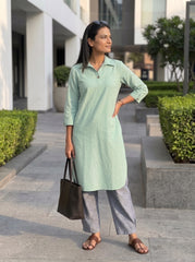 Aira Mint Green Cotton Poplin Co-ord Set with Grey Trousers