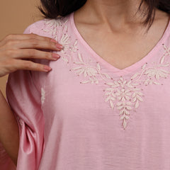 Premium Chanderi Silk Baby Pink Chikankari Kaftan Set