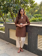 Aira Mocha Brown Cotton Slub Co-ord Set with Pinstripe Trousers
