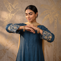 Jashn Cobalt Blue Chanderi Chikankari A-Line Kurta Set with Dupatta