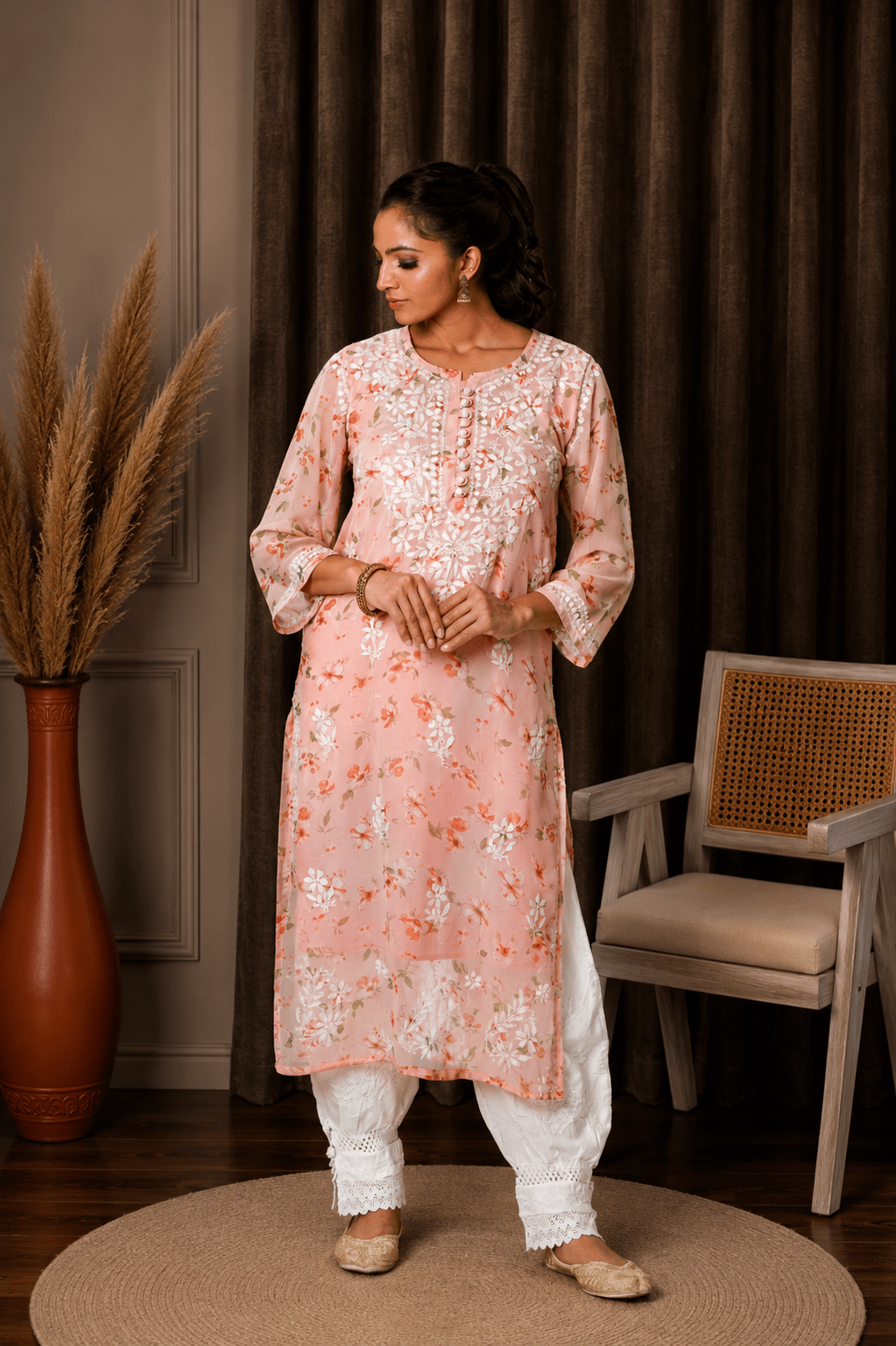 Aadya Chikankari Georgette Floral Printed Kurta – Light Pink