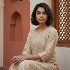 Ruhi Chanderi Chikankari Beige Kurta Set with Embroidered Palazzo