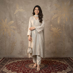 Jashn Premium Muslin Chikankari Moss Grey A Line 3PC Kurta Set with Dupatta
