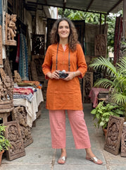 Aira Burnt Orange Cotton Slub Co-ord Set with Blush Check Trousers