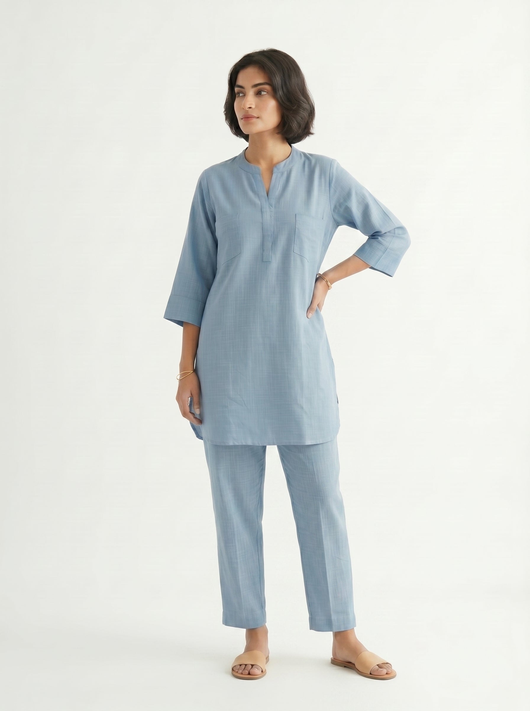 Breathable Slate Blue Cotton Coord Set for Women