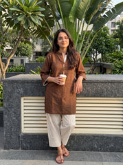 Aira Mocha Brown Cotton Slub Co-ord Set with Pinstripe Trousers