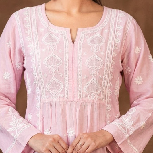 Jashn Light Pink Pure Chanderi Chikankari A-Line Kurta Set with Dupatta