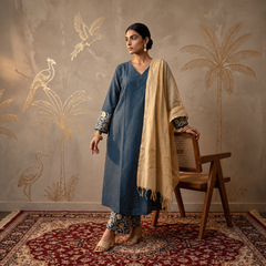 Jashn Cobalt Blue Chanderi Chikankari A-Line Kurta Set with Dupatta