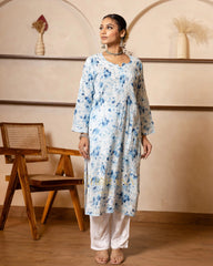 Eesha Chikankari Premium Mulmul Floral Printed Kurta Gharana