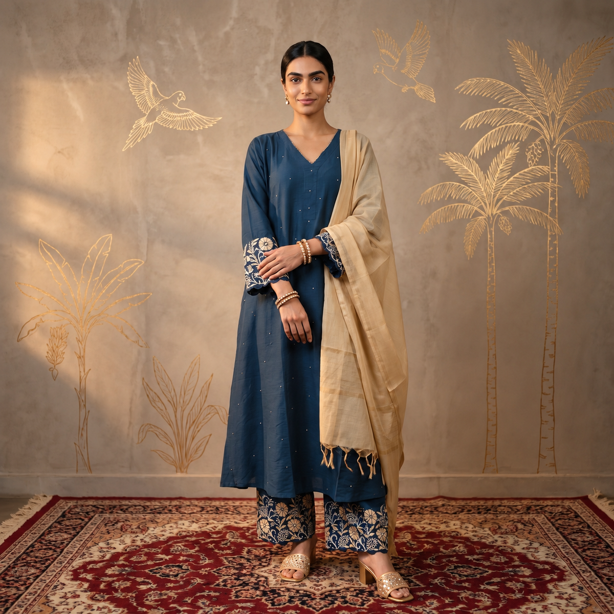 Jashn Cobalt Blue Chanderi Chikankari A-Line Kurta Set with Dupatta