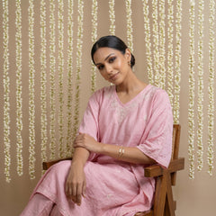 Premium Chanderi Silk Baby Pink Chikankari Kaftan Set