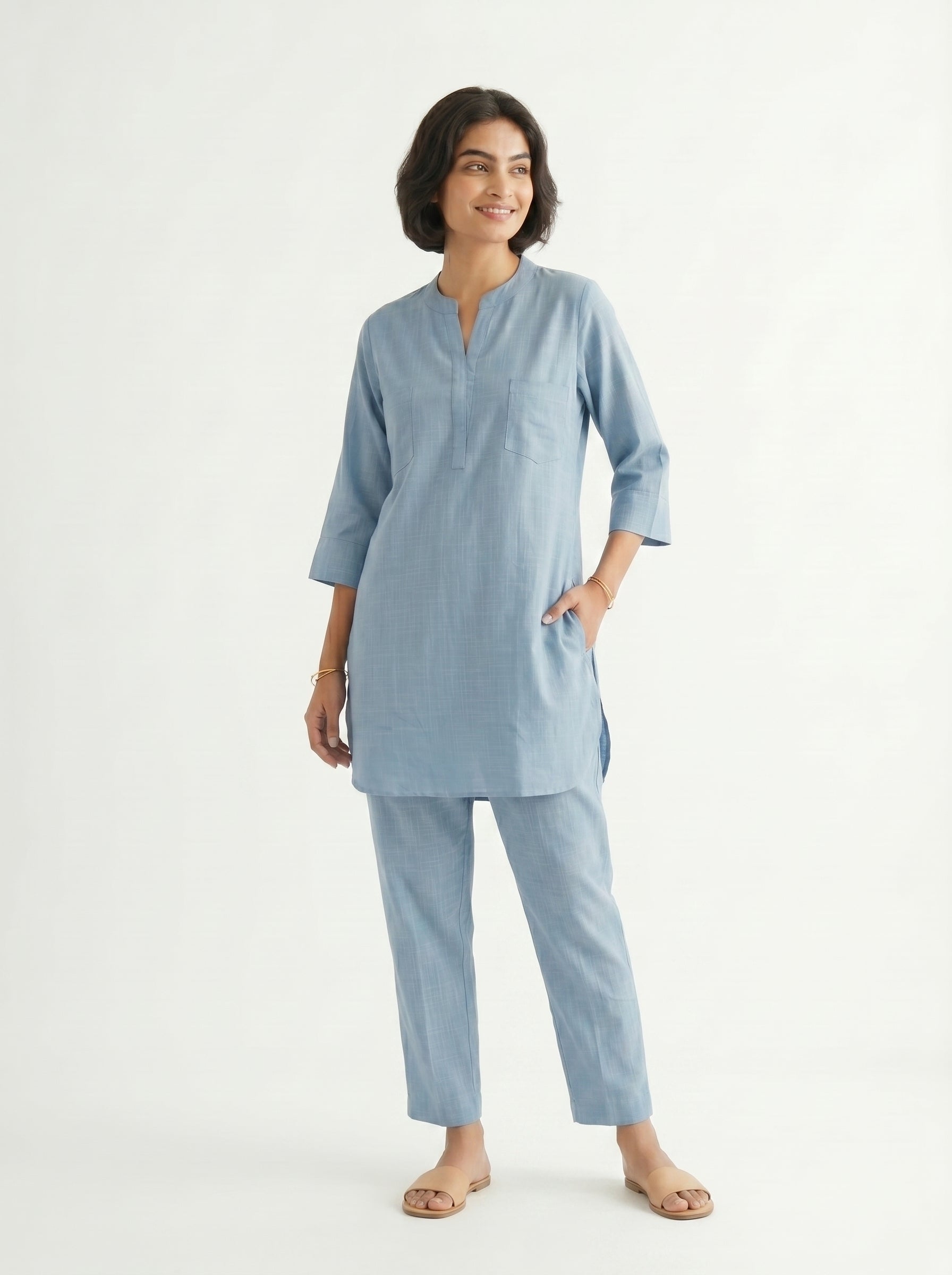Handcrafted Slate Blue Cotton Coord Set for Women