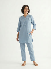Handcrafted Slate Blue Cotton Coord Set for Women